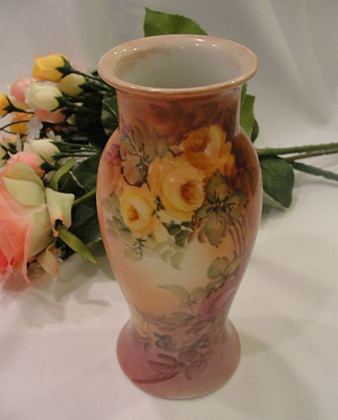 Yellow And Purple Rose Porcelain Vase From Bavaria