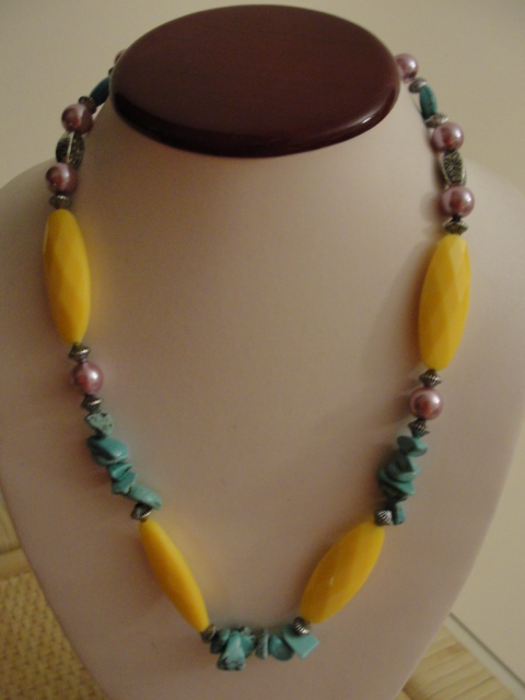 Lovely Turquoise Blue, Yellow And Pink Beads On A Long Necklace