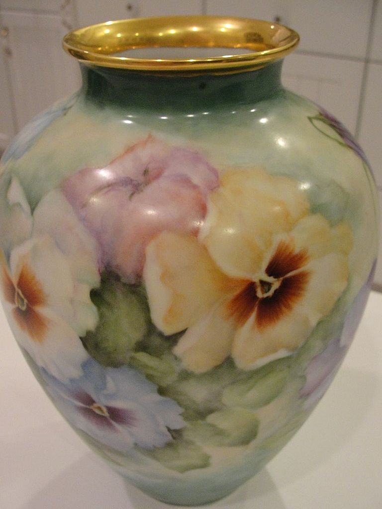 Heinrich Germany Large Porcelain Numbered Artist Signed Hand Painted Pansy Vase